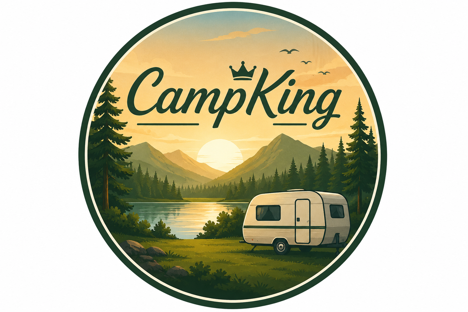 Rond CampKing-logo met caravan in een berglandschap
